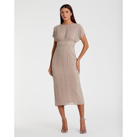 Mac Duggal Size 8 Beige 93649 Beaded Cap Sleeve Column Gown Midi Dress $498 New - Picture 2 of 14